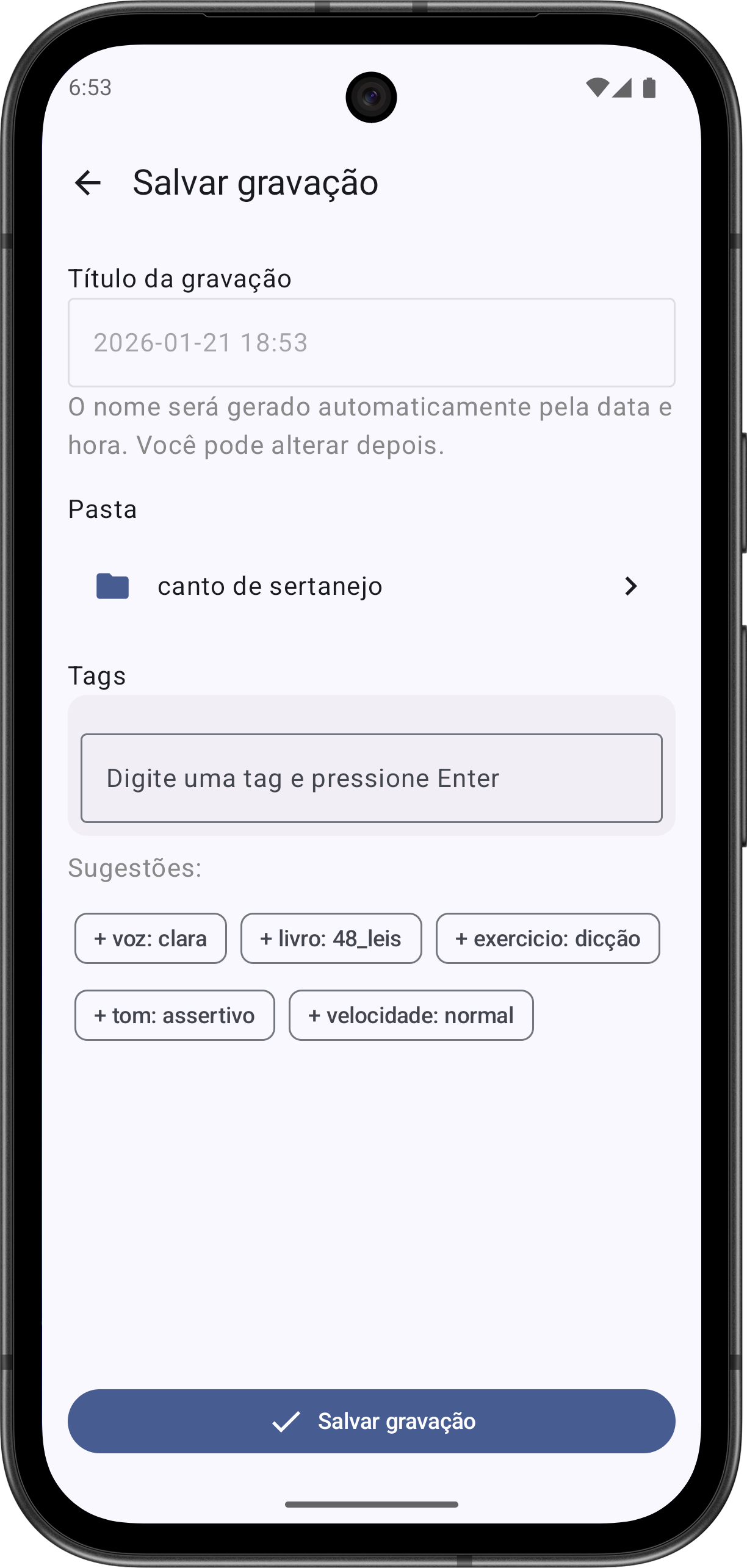 Tela de salvar gravação do Audevo